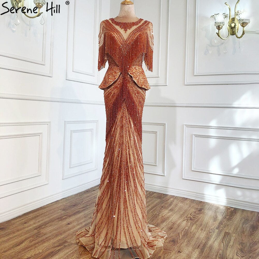 Dubai Beige Tassel Beading Mermaid Evening Dresses Design 2025 Half Sleeves Luxury Sexy Formal Dress LA70342
