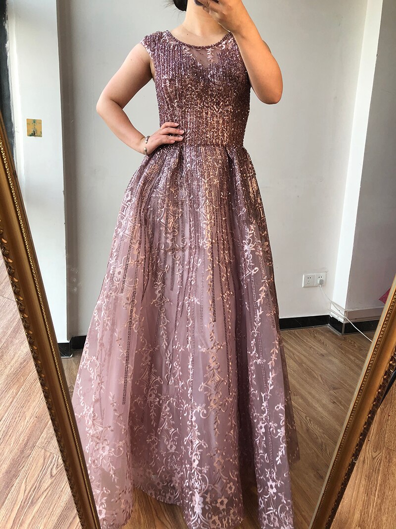 Dubai Blue A-Line Luxury Beading Evening Dresses 2025 O-Neck Crystal Sexy Formal Dress Long LA70552