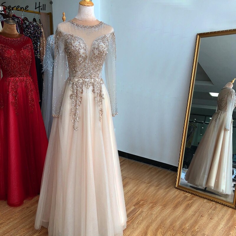 En oferta, sin devolución ni reembolso. Vestido de noche sexy de corte A con escote en V y mangas largas, con cuentas y brillantes diamantes, estilo Dubai Champán, LA70647.