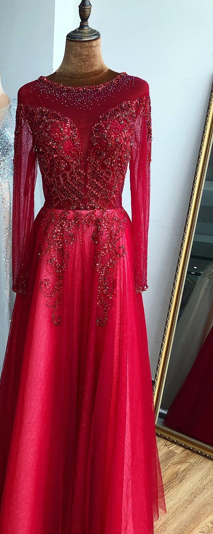 En oferta, sin devolución ni reembolso. Vestido de noche sexy de corte A con escote en V y mangas largas, con cuentas y brillantes diamantes, estilo Dubai Champán, LA70647.