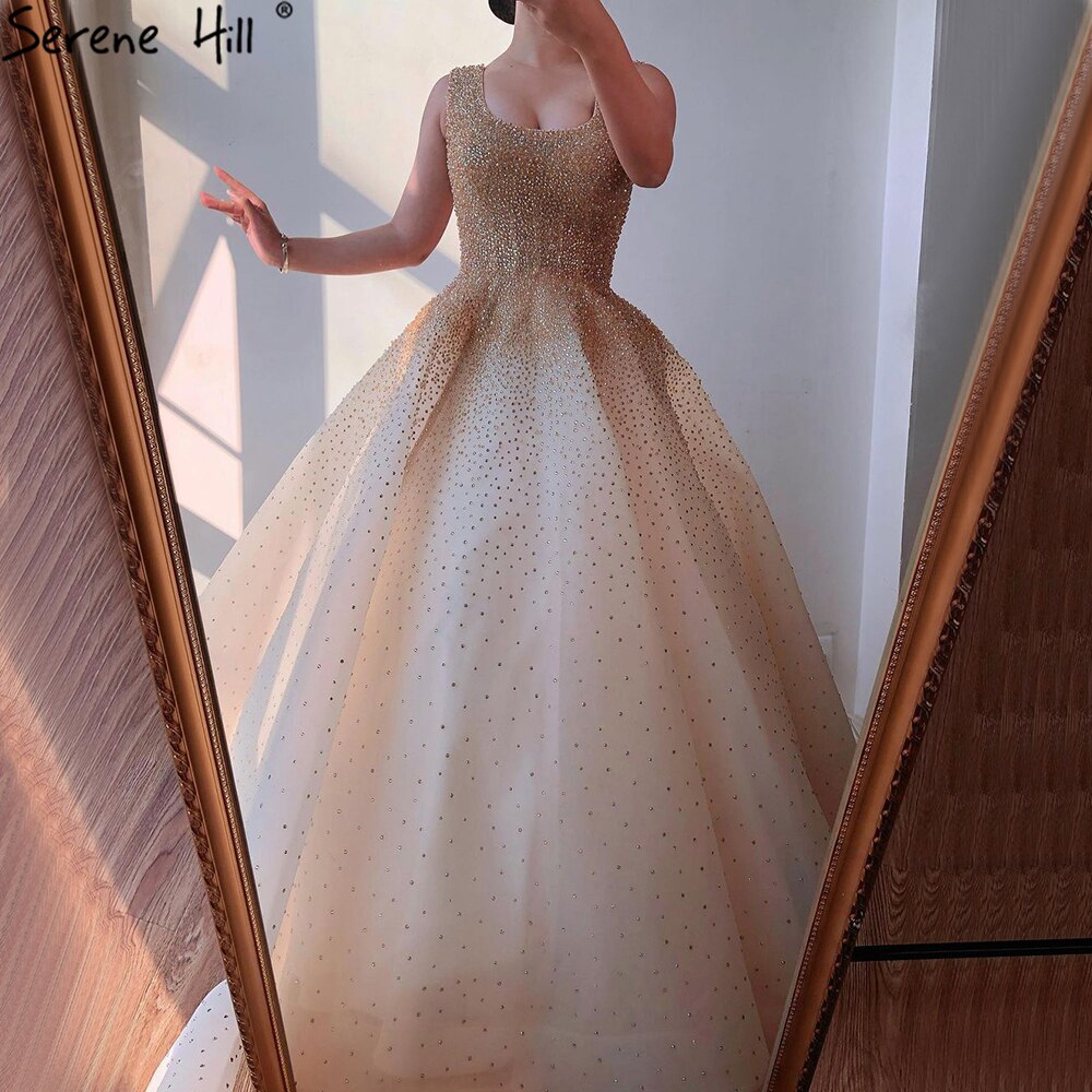 Dubai Champange Volle Kristall A-linie Abendkleider Design Ärmellose Luxus Sexy Abendkleider LA70232