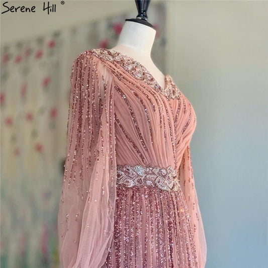 En oferta, sin devolución ni reembolso. Diseño de Dubái, vestido de noche rosa con escote en V 2025, mangas largas con lentejuelas, vestido formal de lujo LA60948