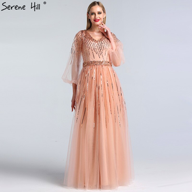En oferta, sin devolución ni reembolso. Diseño de Dubái, vestido de noche rosa con escote en V 2025, mangas largas con lentejuelas, vestido formal de lujo LA60948