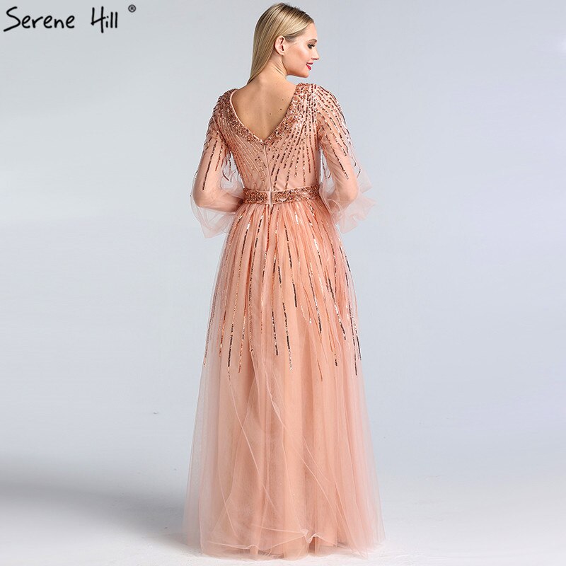 En oferta, sin devolución ni reembolso. Diseño de Dubái, vestido de noche rosa con escote en V 2025, mangas largas con lentejuelas, vestido formal de lujo LA60948