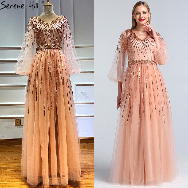 En oferta, sin devolución ni reembolso. Diseño de Dubái, vestido de noche rosa con escote en V 2025, mangas largas con lentejuelas, vestido formal de lujo LA60948