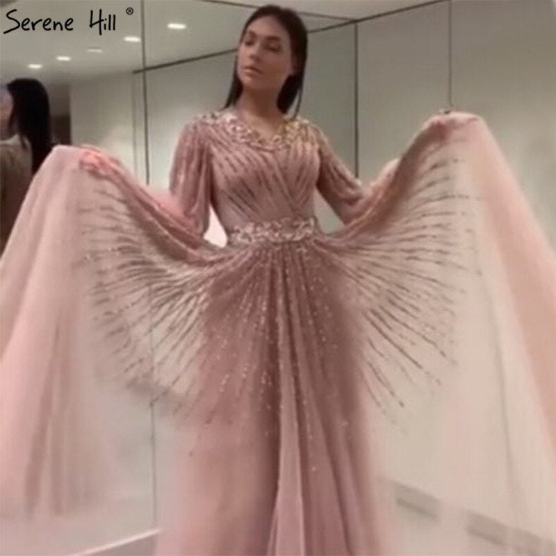En oferta, sin devolución ni reembolso. Diseño de Dubái, vestido de noche rosa con escote en V 2025, mangas largas con lentejuelas, vestido formal de lujo LA60948