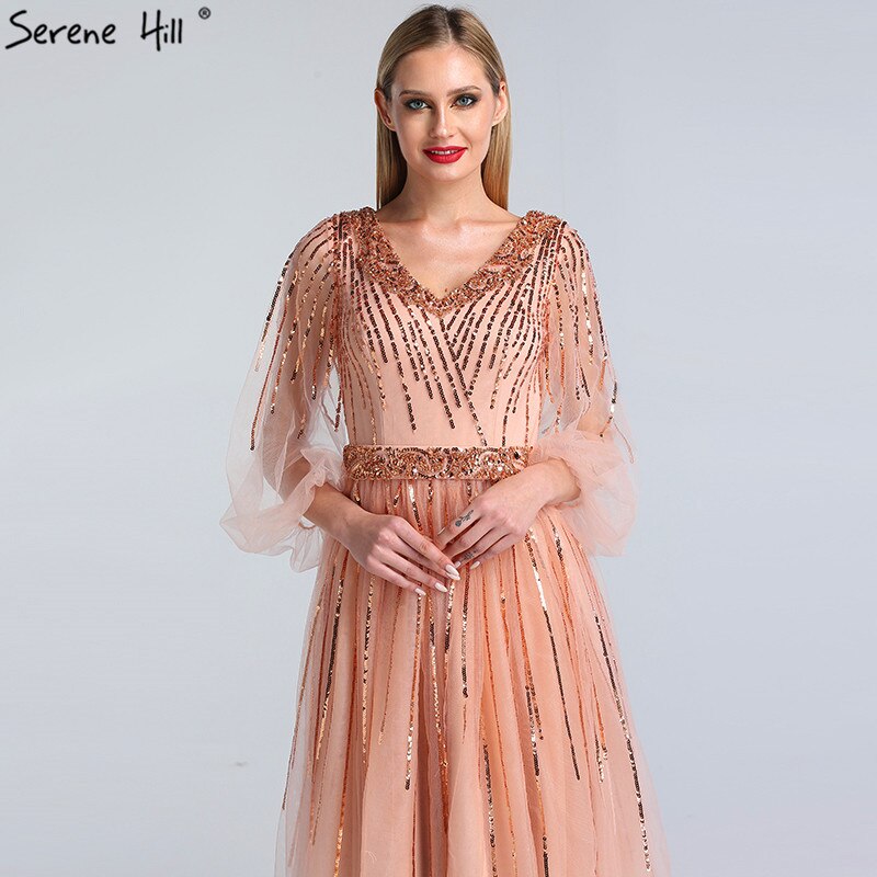 En oferta, sin devolución ni reembolso. Diseño de Dubái, vestido de noche rosa con escote en V 2025, mangas largas con lentejuelas, vestido formal de lujo LA60948