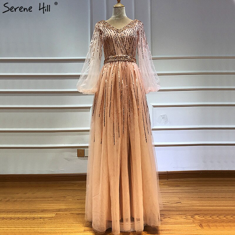 En oferta, sin devolución ni reembolso. Diseño de Dubái, vestido de noche rosa con escote en V 2025, mangas largas con lentejuelas, vestido formal de lujo LA60948