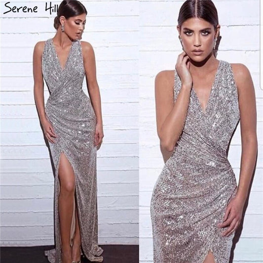 Verkauf Dubai Design Silber Tiefem-V Luxus Abendkleider Pailletten Meerjungfrau Sexy Formale Kleid 2025 LA70052