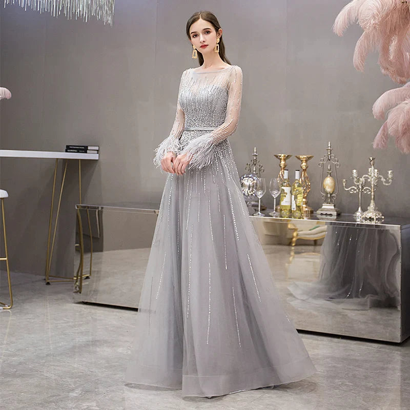 Evening Dresses Long Sleeve with Feathers Luxury Sexy Sheer O-Neck Engagement Party Gown Beaded Gold Grey Vestido de Festa-payinti
