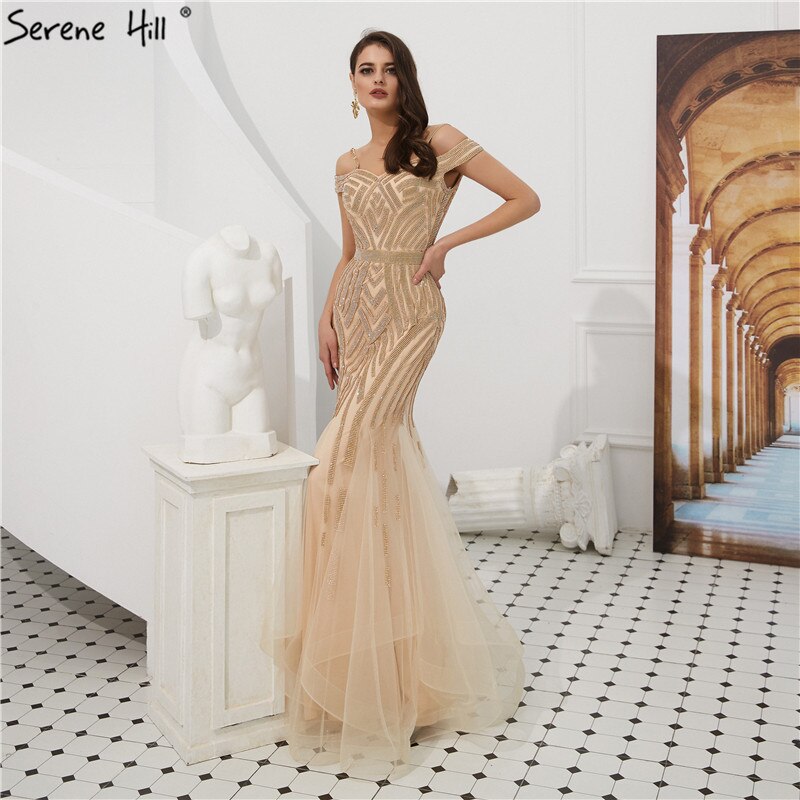 Dubai Gold Voller Diamanten Meerjungfrau Abendkleider 2025 Off Shouler Sexy Elegante Formale Kleider LA60807