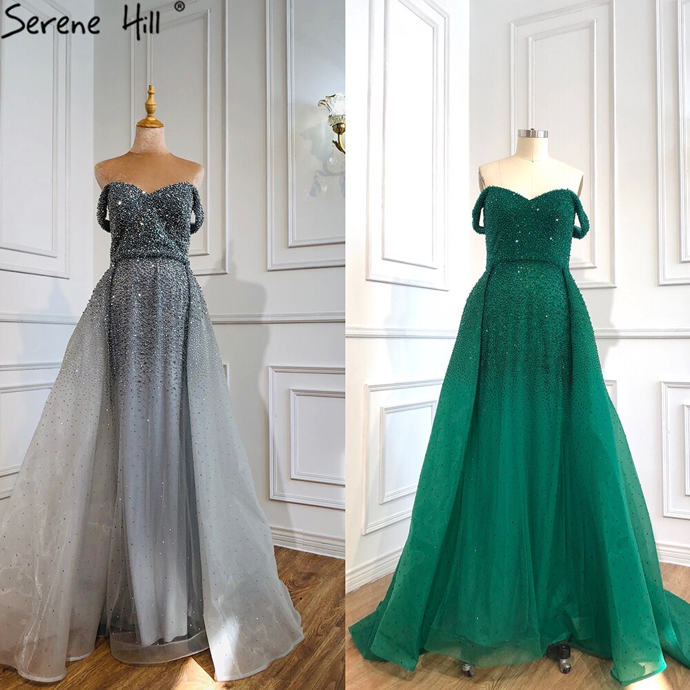 En oferta, sin devolución ni reembolso, vestido de noche de lujo tipo sirena gris de Dubái, sin mangas, 2025, vestido formal sexy con hombros descubiertos, diseño LA70602