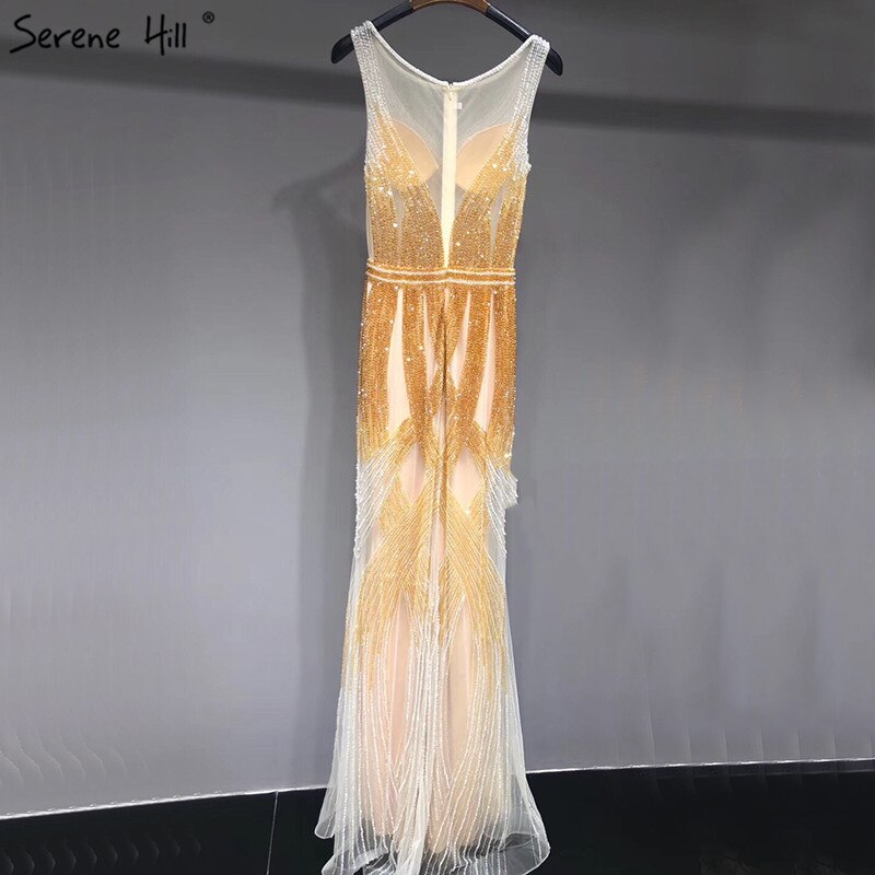 En oferta, sin devolución ni reembolso. Venta en Dubai, último diseño, vestidos de noche azules dorados sin mangas 2025, vestido de noche de lujo con lentejuelas y cuentas, largo, foto real LA60783.