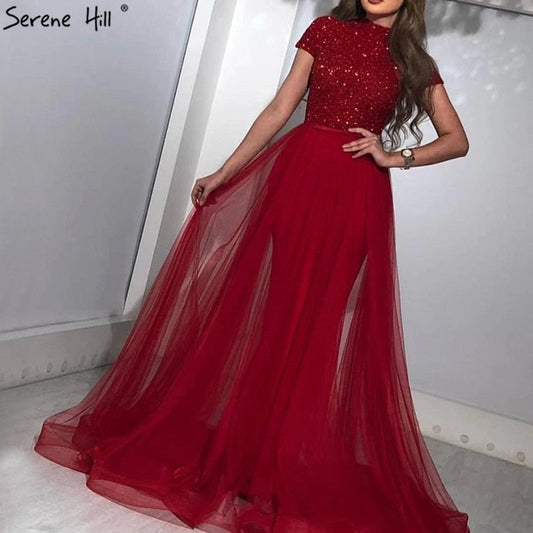 Vestidos de noche rojos de lujo de Dubái, última tendencia, 2025, con mangas cortas y cristales, LA60793