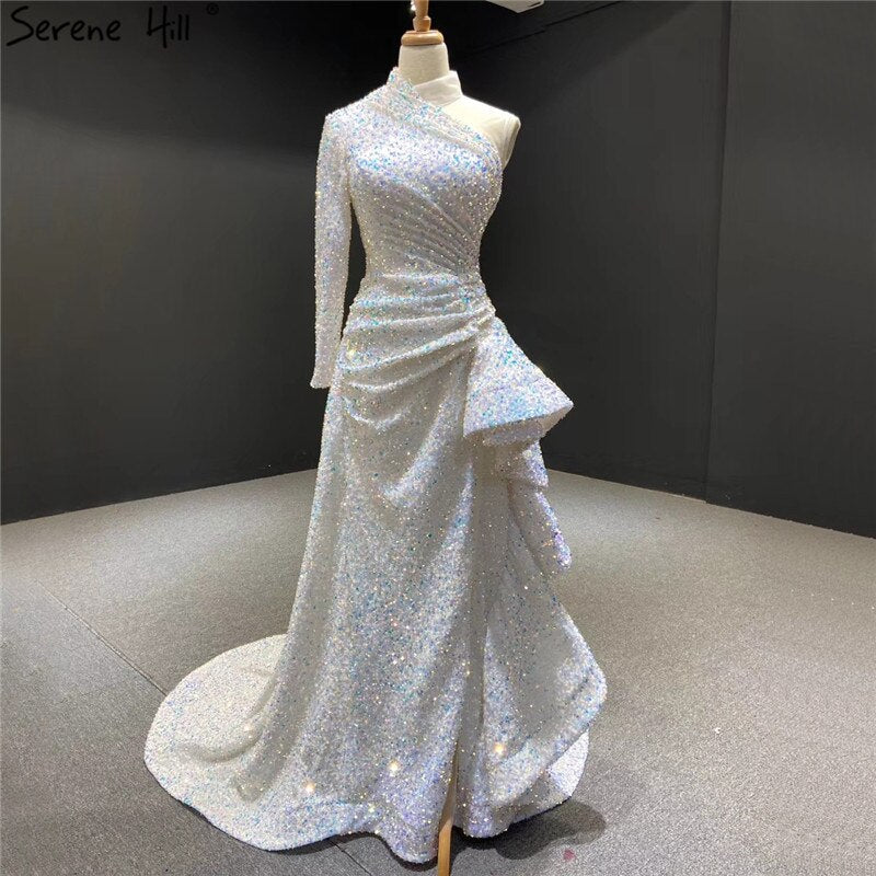 Vestidos de noche rojos de lujo de Dubái, con un solo hombro, 2025, con lentejuelas brillantes, corte sirena, sexy, formal, HM67056