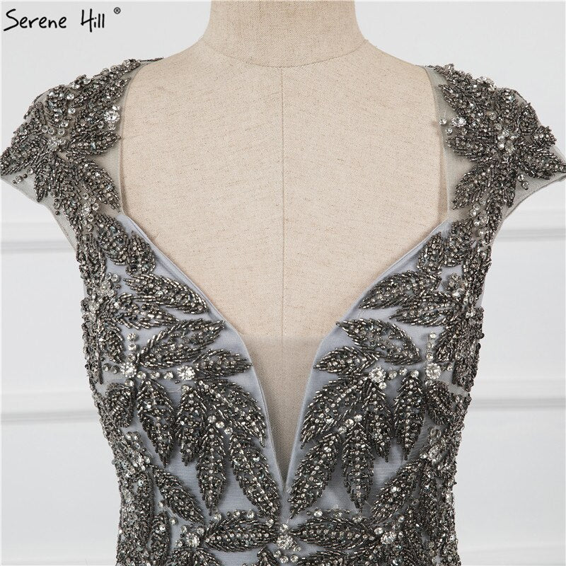 Vestido de noche sexy de lujo de Dubái con escote en V y mangas largas, color plateado, con borlas y cuentas, LA70061