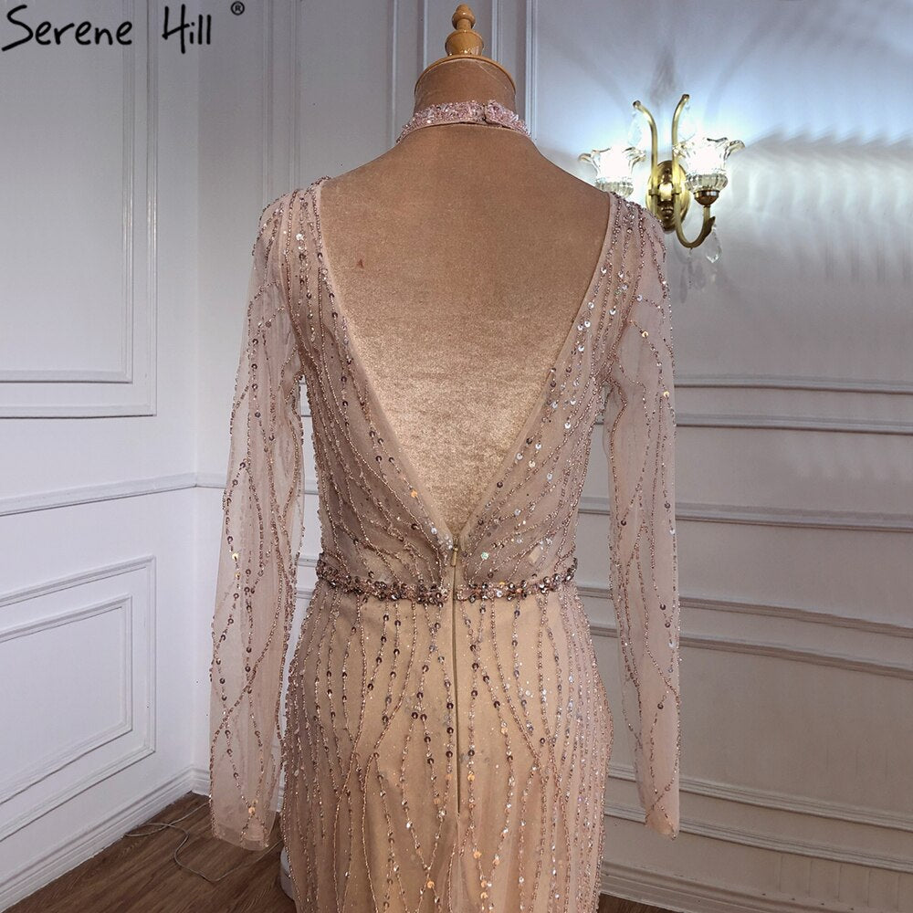 Vestido de noche de sirena de Dubái, con lentejuelas y cuentas rosas, escote en V y mangas largas, vestido formal de lujo 2025 LA70526