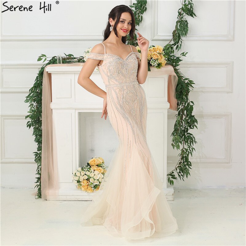 Sale Dubai Nude Boat Neck Luxury Sexy Evening Dresses Diamond Pearls Off Shoulder Evening Gowns 2025 Real Photo LA6696