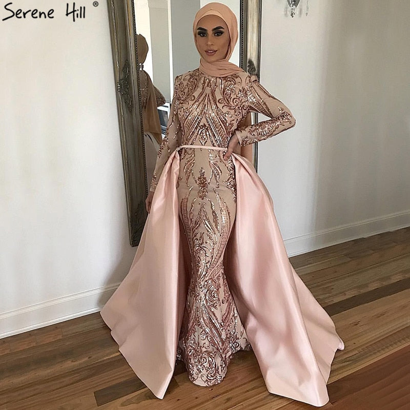 Dubai Peach Luxus Meerjungfrau Vintage Abendkleid Pailletten Lange Ärmel Mit Zug Abendkleider 2025 LA6613