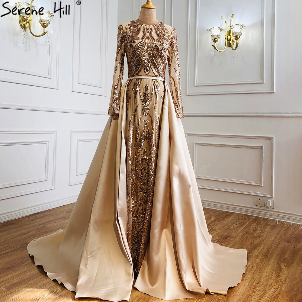 Dubai Peach Luxus Meerjungfrau Vintage Abendkleid Pailletten Lange Ärmel Mit Zug Abendkleider 2025 LA6613