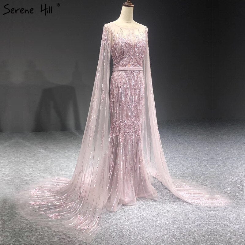 Dubai Rosa Luxus Langen Ärmeln Abendkleider 2025 Meerjungfrau Pailletten Perlen Sexy Fromal Kleider LA70160