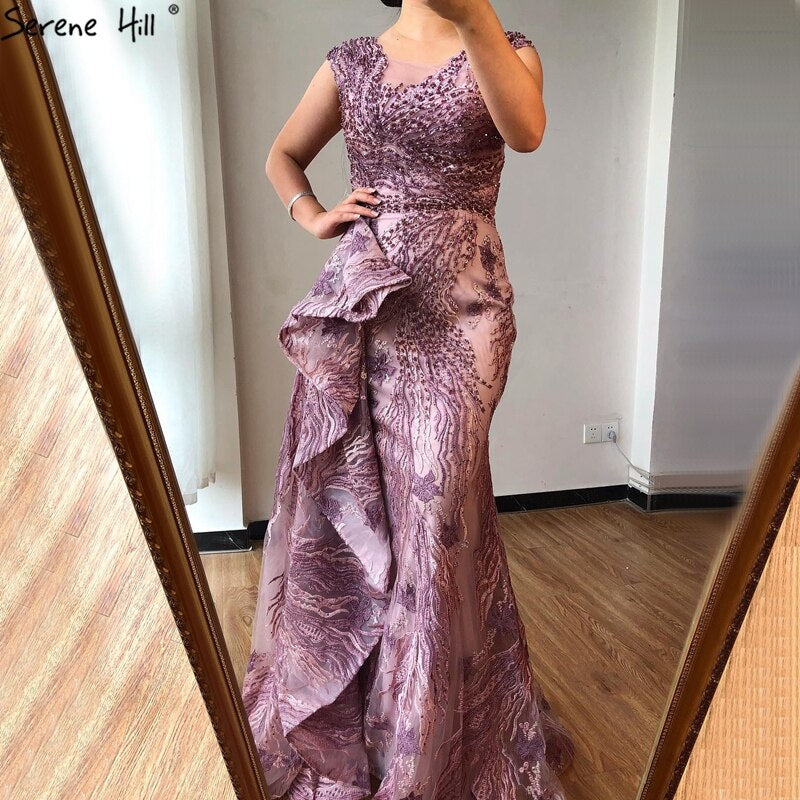 Dubai Rosa Meerjungfrau Ärmellose Abendkleider High-end O-ansatz Perlen Spitze Party Kleider 2025 LA70669