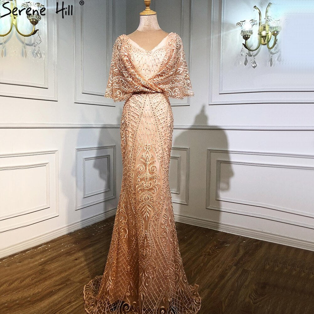 Dubai Rosa V-ausschnitt Perlen Spitze Abendkleider 2025 Halbarm Meerjungfrau Sexy Elegante Formale Abendkleider LA70156