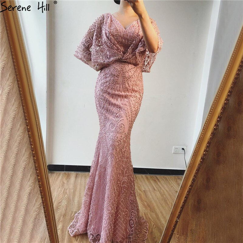 Dubai Rosa V-ausschnitt Perlen Spitze Abendkleider 2025 Halbarm Meerjungfrau Sexy Elegante Formale Abendkleider LA70156