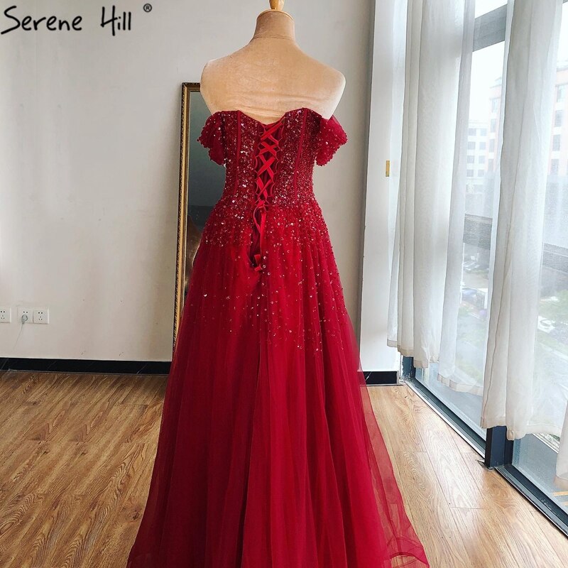 En oferta, sin devoluciones ni reembolsos. Vestido de noche rojo de Dubái, sexy, sin mangas, corte A, hombros descubiertos, con cuentas y brillo, LA70545.