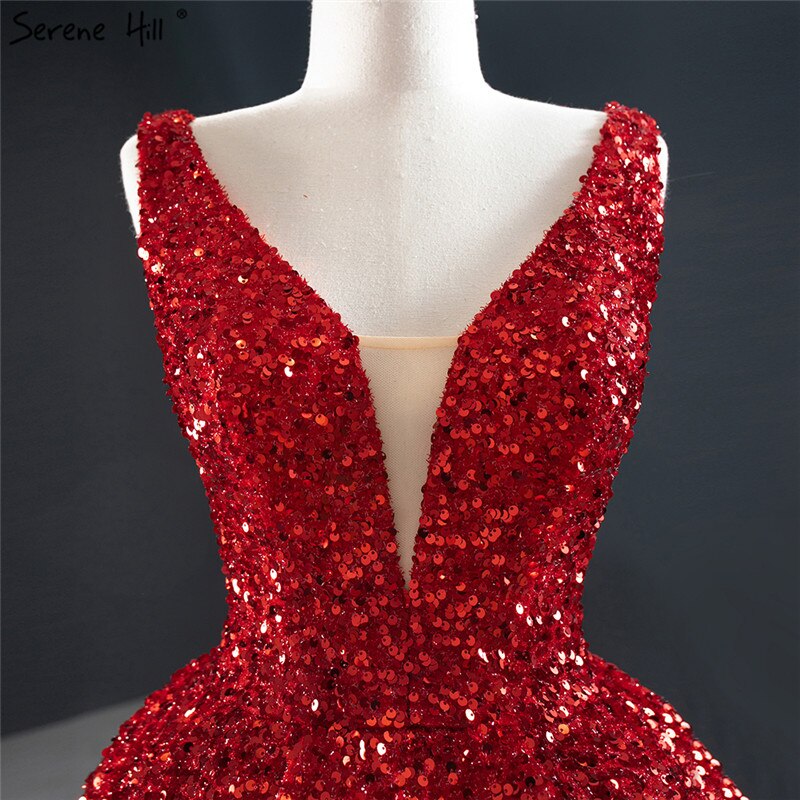 Dubai Rot Tief-V Luxus Sexy Abendkleider 2025 Ärmellose Pailletten Asymmetrische Formale Kleid HM67126