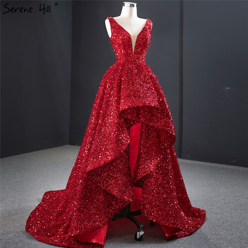 Dubai Rot Tief-V Luxus Sexy Abendkleider 2025 Ärmellose Pailletten Asymmetrische Formale Kleid HM67126