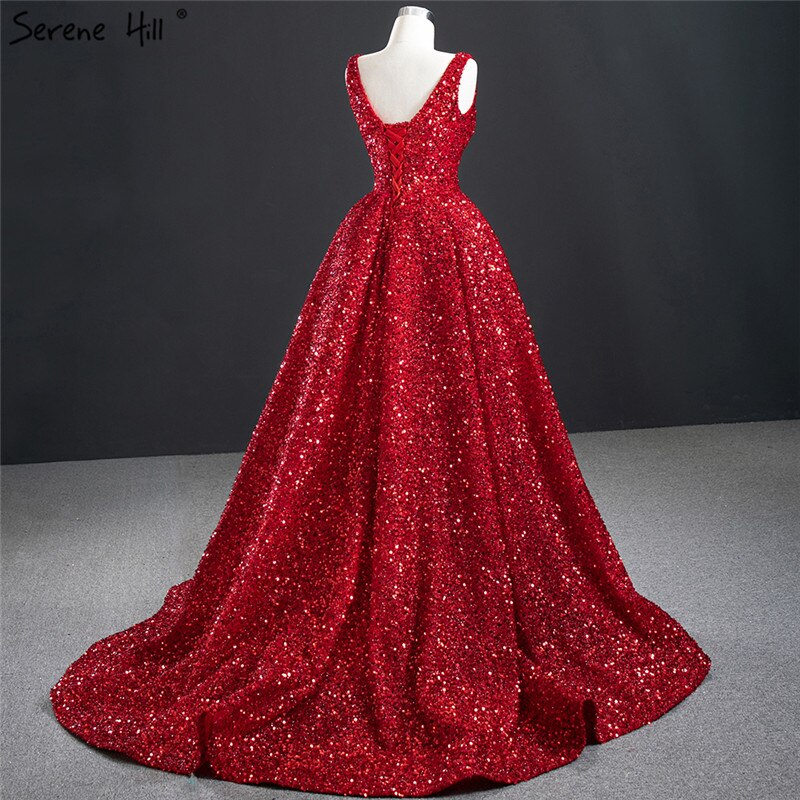 Dubai Rot Tief-V Luxus Sexy Abendkleider 2025 Ärmellose Pailletten Asymmetrische Formale Kleid HM67126