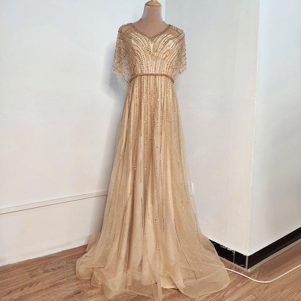 Vestido de noche sexy de lujo rojo de Dubái, corte A, 2025, mangas cortas, con cuentas y cristales, diseño formal, foto real LA70458