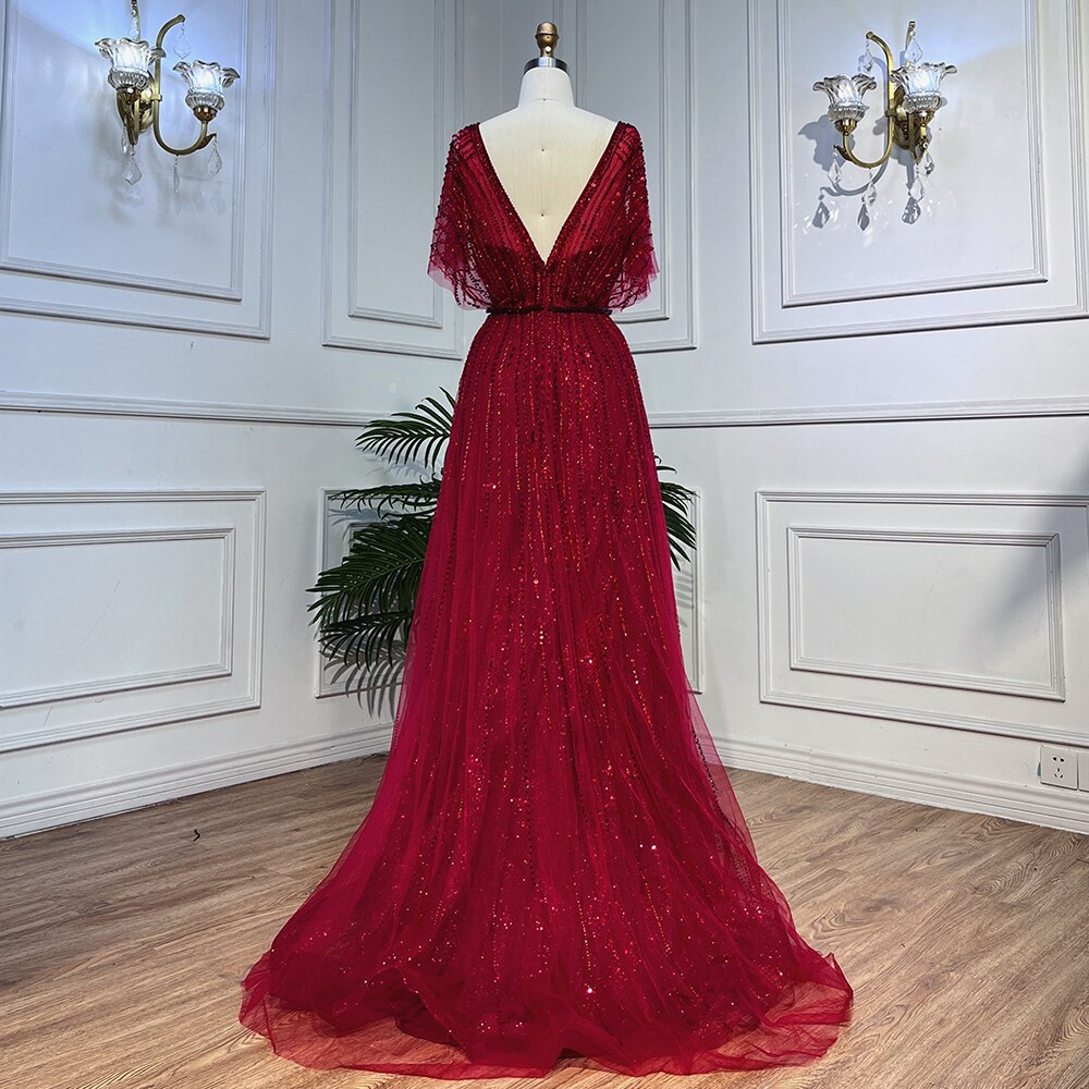 Vestido de noche sexy de lujo rojo de Dubái, corte A, 2025, mangas cortas, con cuentas y cristales, diseño formal, foto real LA70458