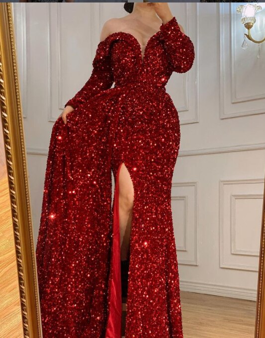 Dubai Red One Shoulder Sexy Abendkleider 2025 Meerjungfrau Perlen Pailletten Luxus Formale Kleid LA70297