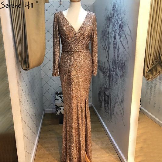 Vestido de noche de lujo con cuello en V y lentejuelas en oro rosa de Dubái 2025, manga larga, brillante, LA60970.