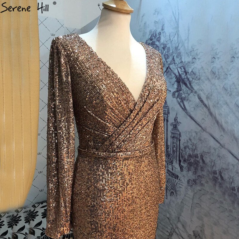Vestido de noche de lujo con cuello en V y lentejuelas en oro rosa de Dubái 2025, manga larga, brillante, LA60970.