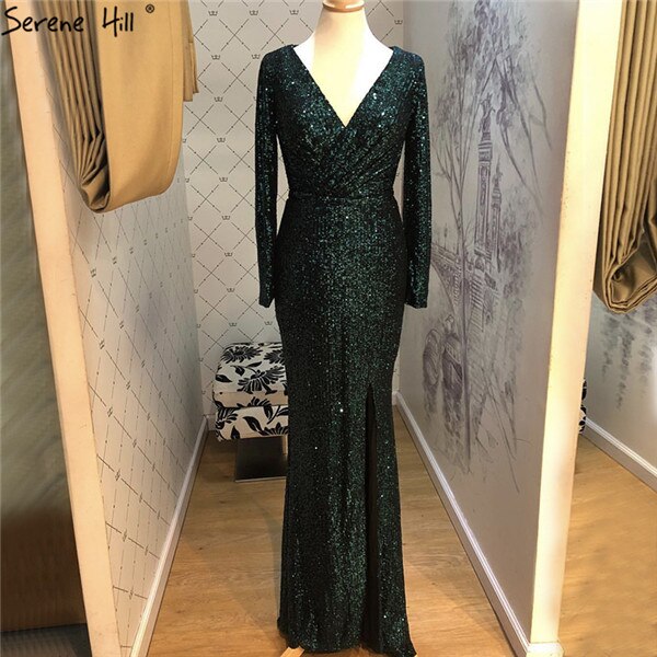 Vestido de noche de lujo con cuello en V y lentejuelas en oro rosa de Dubái 2025, manga larga, brillante, LA60970.