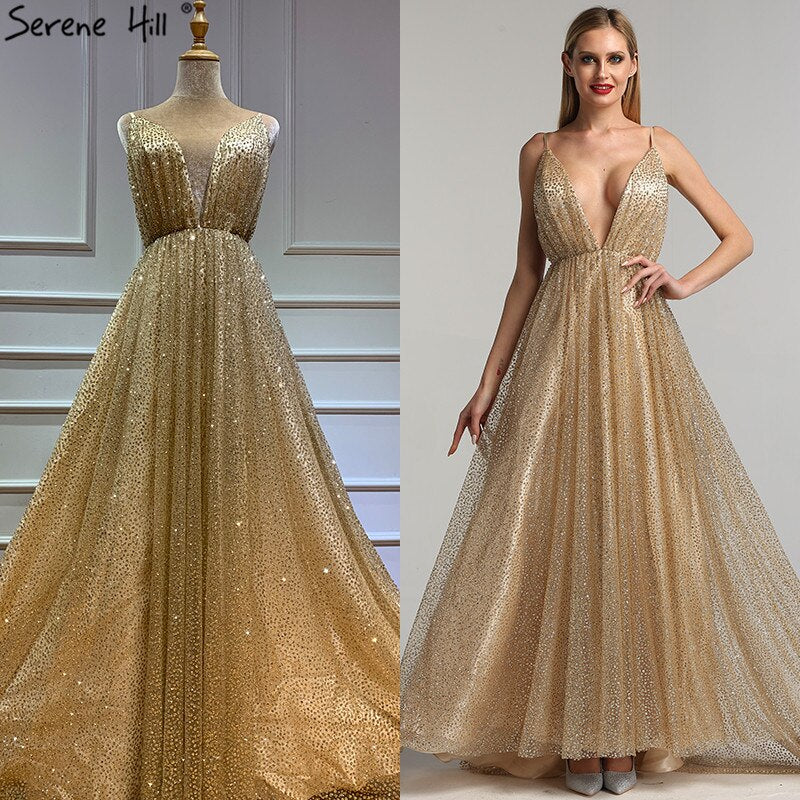 Dubai V-Ausschnitt Rückenfrei Glitzer Sexy Ballkleider Champagner Vintage Strand Abendkleider 2025 LA60752