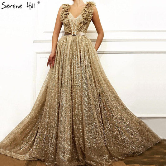 Vestido de noche de lujo sin mangas con escote en V de Dubái, en oferta, sin devoluciones ni reembolsos, diseño 2025, con lentejuelas y fajas, sexy, de tul, LA60796