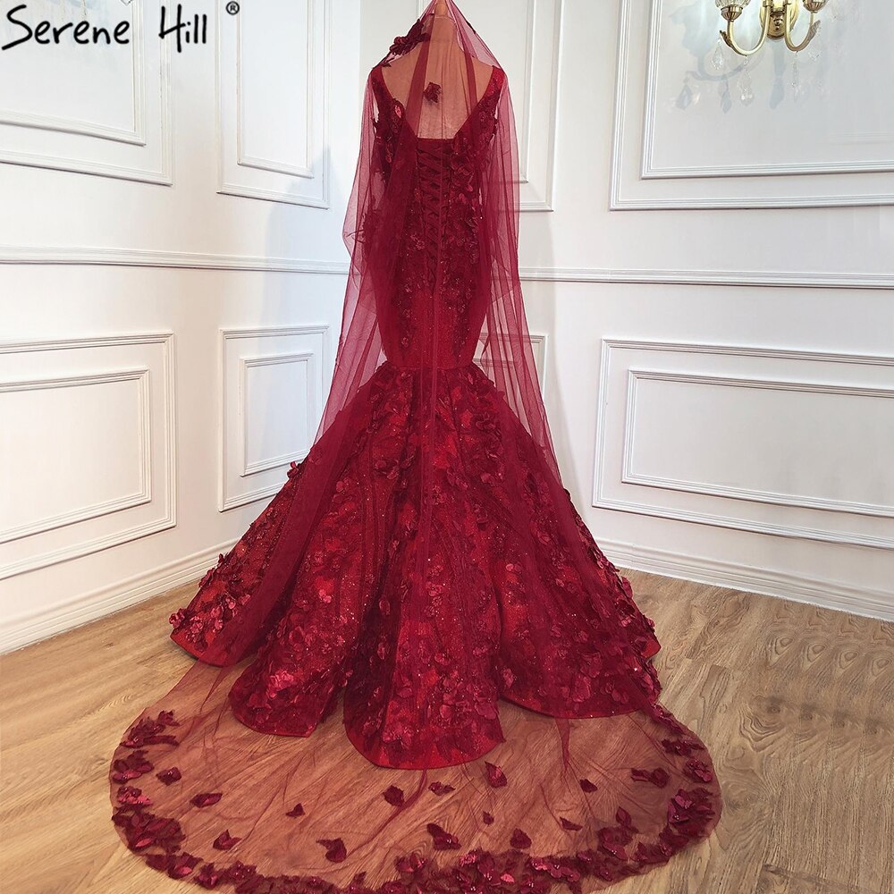 Dubai Wein Rot Sexy Brautkleider 2025 Meerjungfrau Handgemachte Blumen Perlen Braut Kleider HM67110 Nach Maß