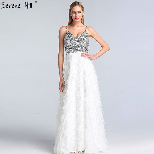 En oferta, sin devolución ni reembolso. Oferta: Dubai, blanco, escote en V, espalda descubierta, lujoso vestido de noche 2025, sin mangas, con lentejuelas, vestido formal escalonado LA60955