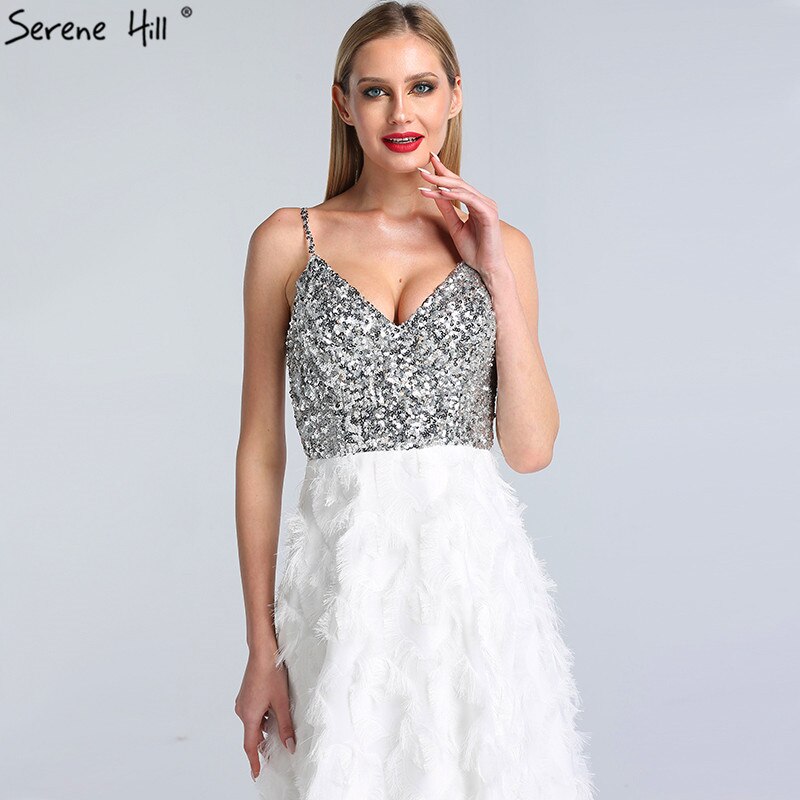 En oferta, sin devolución ni reembolso. Oferta: Dubai, blanco, escote en V, espalda descubierta, lujoso vestido de noche 2025, sin mangas, con lentejuelas, vestido formal escalonado LA60955