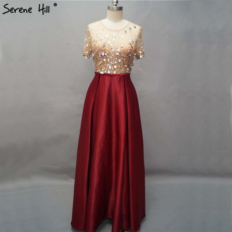 Vestidos de noche de manga corta color vino tinto de Dubái, en oferta, sin devoluciones ni reembolsos, diseño 2025, vestidos de noche playeros de satén con lentejuelas y cuentas LA60740