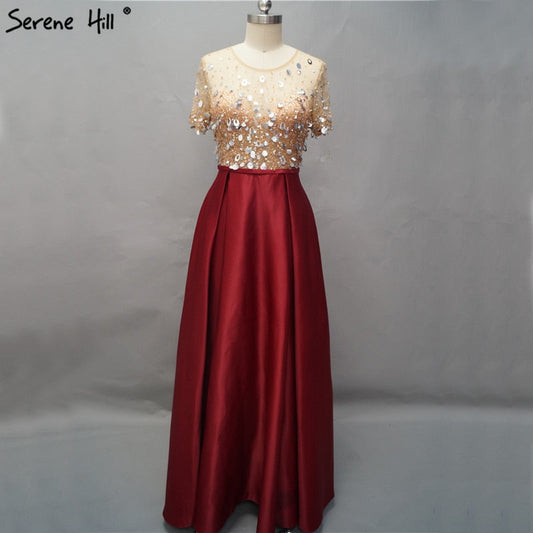 Vestidos de noche de manga corta color vino tinto de Dubái, en oferta, sin devoluciones ni reembolsos, diseño 2025, vestidos de noche playeros de satén con lentejuelas y cuentas LA60740