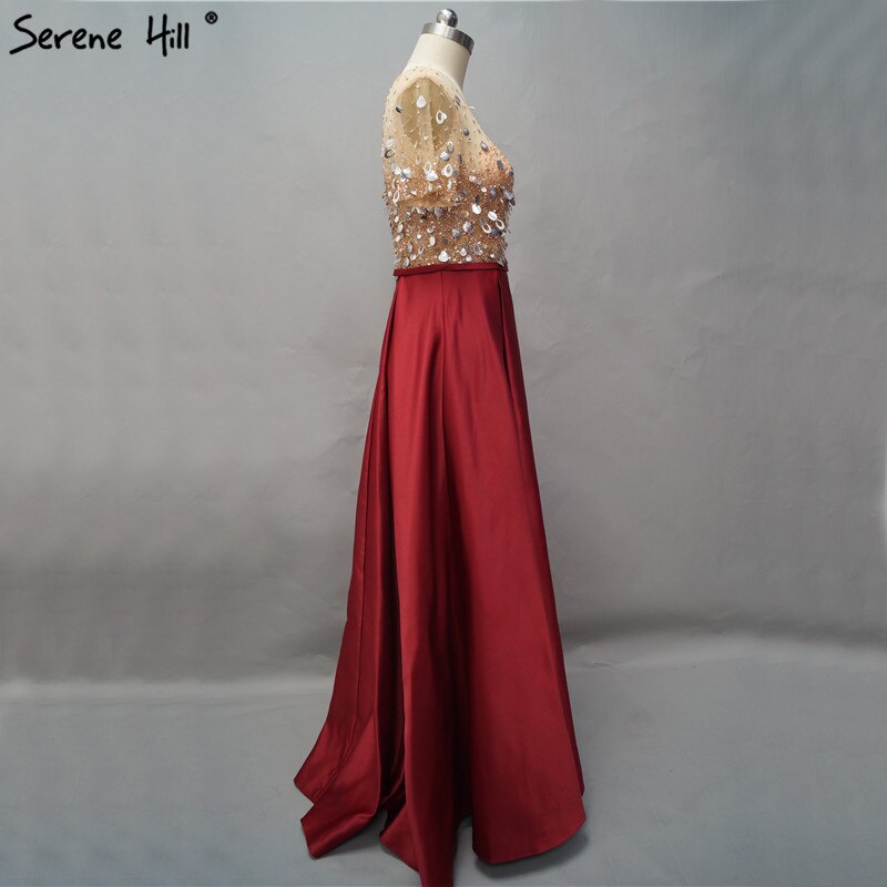 Vestidos de noche de manga corta color vino tinto de Dubái, en oferta, sin devoluciones ni reembolsos, diseño 2025, vestidos de noche playeros de satén con lentejuelas y cuentas LA60740
