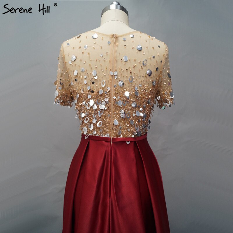 Vestidos de noche de manga corta color vino tinto de Dubái, en oferta, sin devoluciones ni reembolsos, diseño 2025, vestidos de noche playeros de satén con lentejuelas y cuentas LA60740