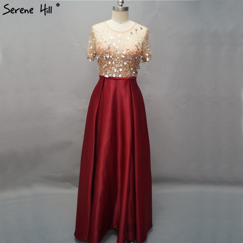 Vestidos de noche de manga corta color vino tinto de Dubái, en oferta, sin devoluciones ni reembolsos, diseño 2025, vestidos de noche playeros de satén con lentejuelas y cuentas LA60740