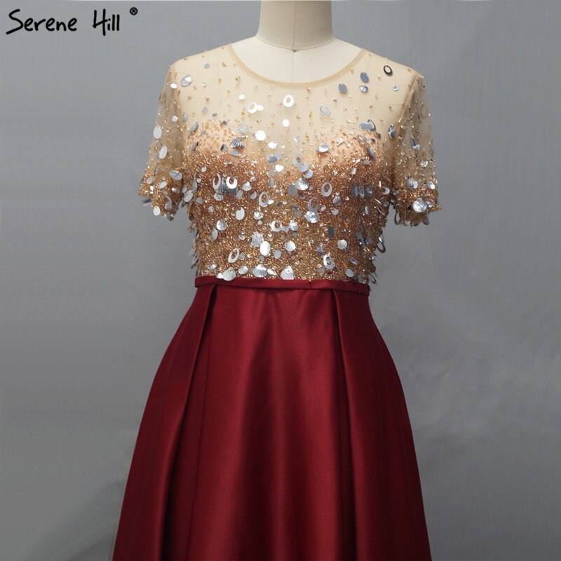 Vestidos de noche de manga corta color vino tinto de Dubái, en oferta, sin devoluciones ni reembolsos, diseño 2025, vestidos de noche playeros de satén con lentejuelas y cuentas LA60740