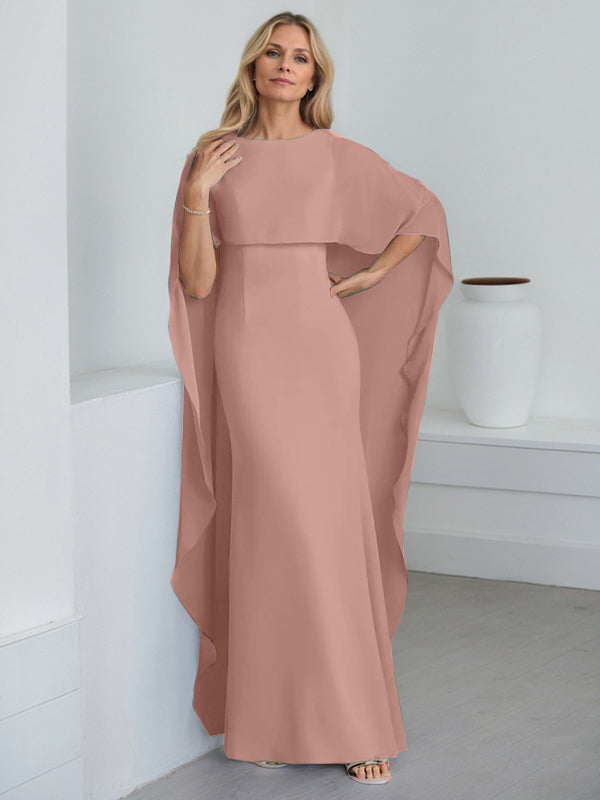 Bodenlanges Etui-Kleid aus Chiffon mit U-Ausschnitt und kaskadierenden Rüschen